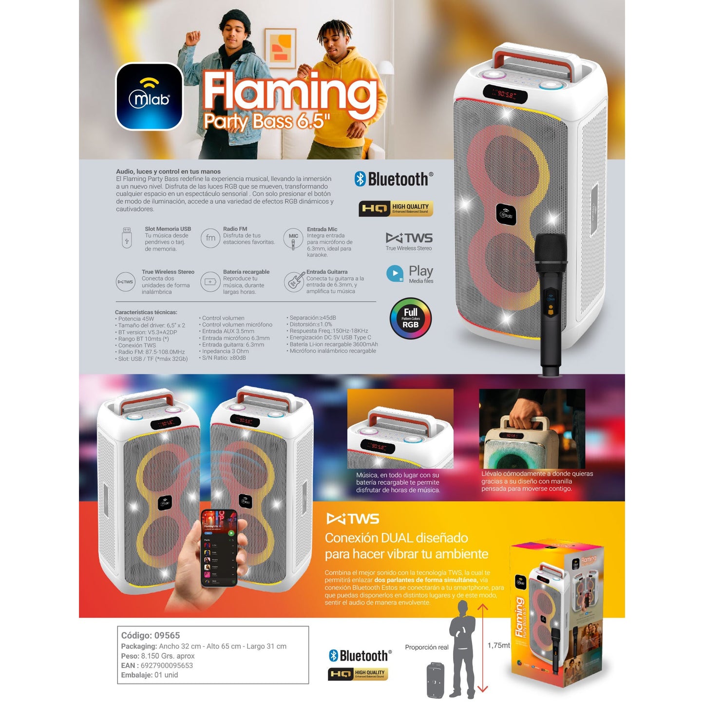 Parlante Bluetooth Flaming Party Bass 6.5" 45W con Micrófono Inalámbrico [9565] - Nuevo