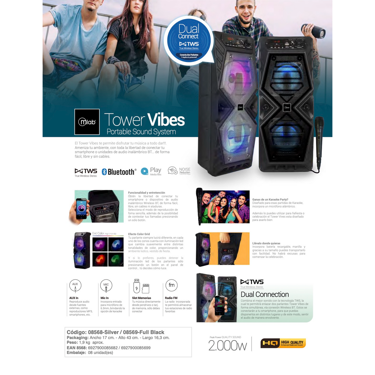 Parlante Portátil Mlab Tower Vibes | Micrófono | Bluetooth  - Nuevo